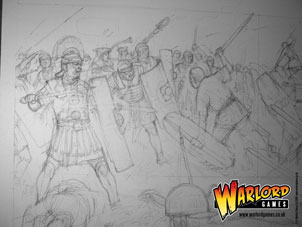 Pencil sketch close-up of Roman battleline