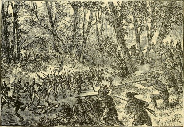 French, Canadian and native American troops ambush a British column during the French-Indian War