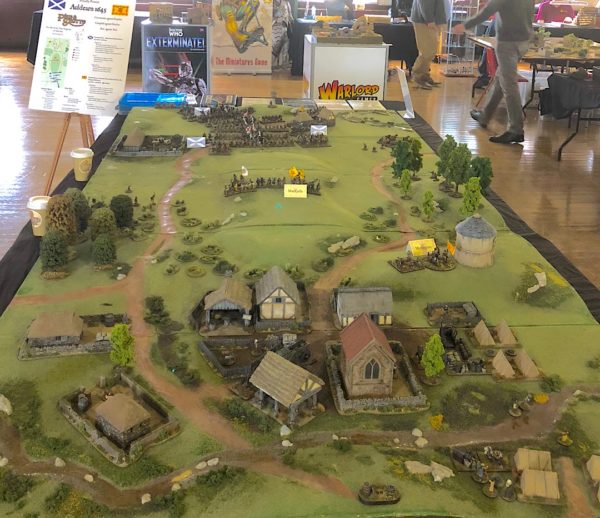 The Auldearn 1645 table, with the village in the foreground and the advancing Covenanters in the background. 