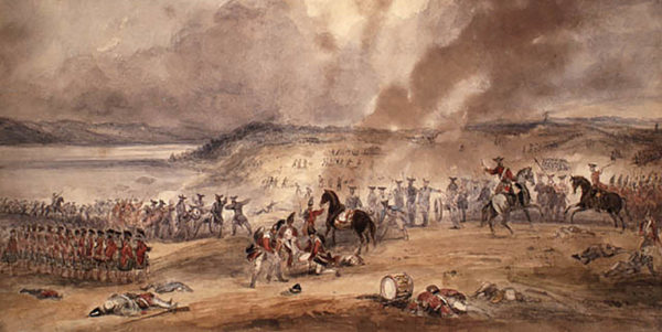 An oil painting of the Battle of Sainte-Foy at the close of the French-Indian war. 