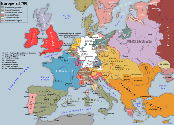 A map of Europe at the start of the Wars of Spanish Succession