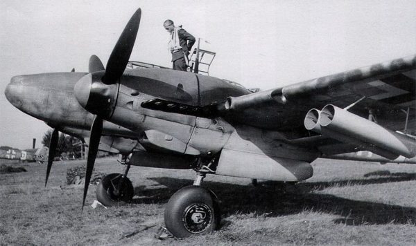 A Bf 110 with the Werfer-Granate 21 rocket tubes mounted under its wings.