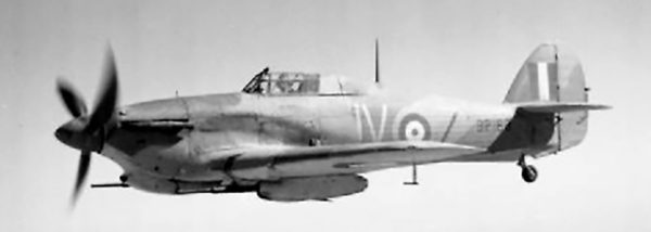 A Hurricane IID of No. 6 Squadron RAF over the North African desert. Note the tank-busting 40mm cannons mounted under the wings. 
