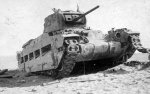 A destroyed Matilda II tank in the Western Desert.