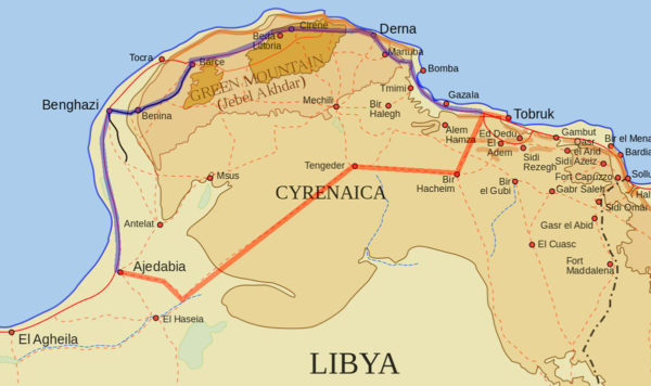 A map showing Combeforce's area of operations - with the two main roads marked - the Via Balbia (Blue), and the Tobruk-Ajedabia road (Red)