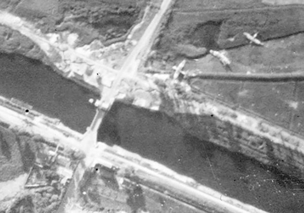 An aerial photograph taken by an RAF photo-reconnaissance unit, showing the gliders used in the assault on the Caen canal.