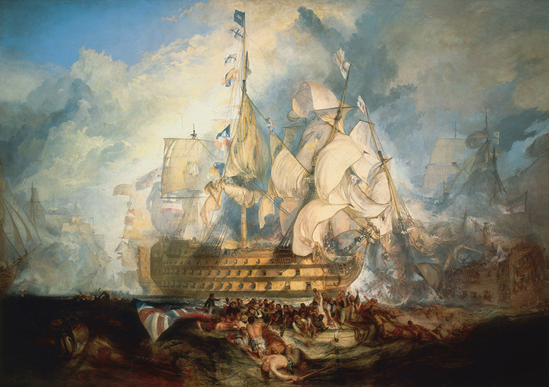 The Battle of Trafalgar, a composite of several moments during the battle, by J. M. W. Turner (oil on canvas, 1822–1824)